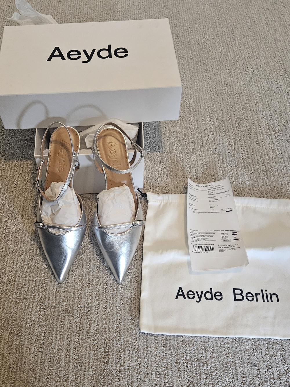 Aeyde Silver Pointed NWT Leather Slingback Flats Kitten Heels